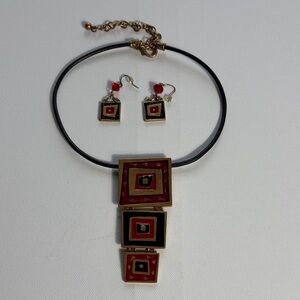 Chico’s Red Black Gold Geometric Statement Necklace Earrings Set